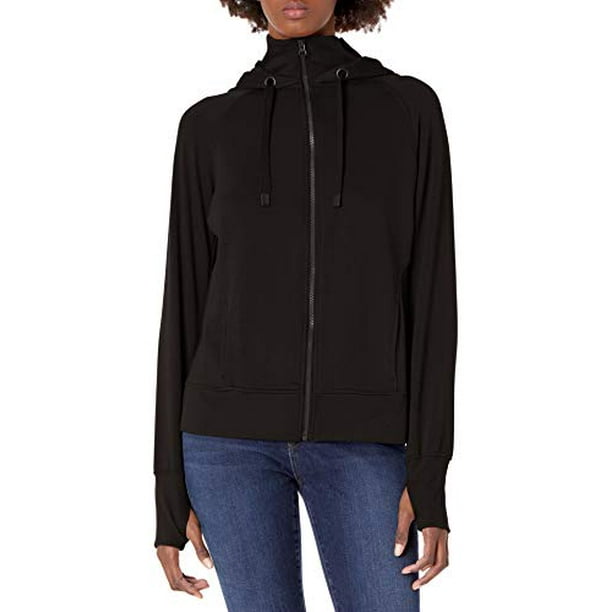 Danskin Womens Double Collar Full Zip Hooded Jacket (Black, X-Small)