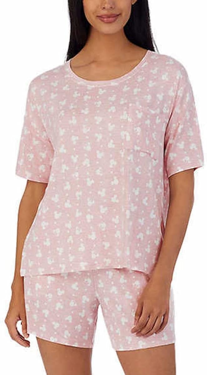 Disney Women's 2 Piece Short Pajama Set (Pink, Large)