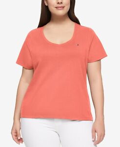 Tommy Hilfiger Womens V-neck Coralie Pink Short Sleeve Shirt (Salmon Pink, XXL)