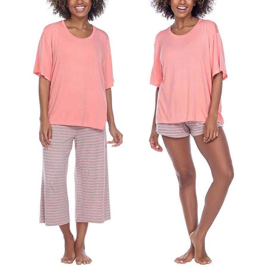 Cozy and chic Honeydew 3-piece pajama set: Long-sleeve top, shorts, and pants in soft, breathable fabric
