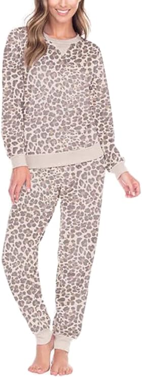 Honeydew Women's 2 Piece Super Soft Fleece Lounge PJ Set (Natural Leopard, X-Large)