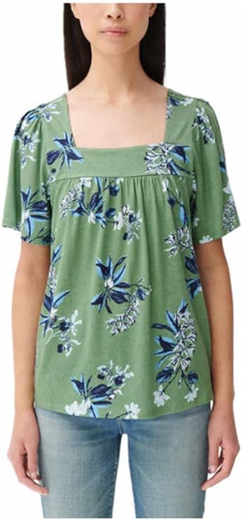 Lucky Brand Women's Square Neck Short Sleeve Top (Green Floral,M)