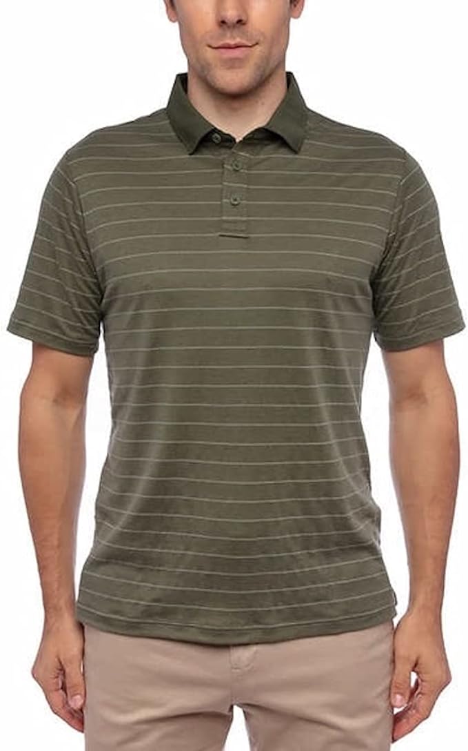 Glacier Performance Men's Short Sleeve Cotton Blend Polo (Forest Green With Sage Stripe, Medium)