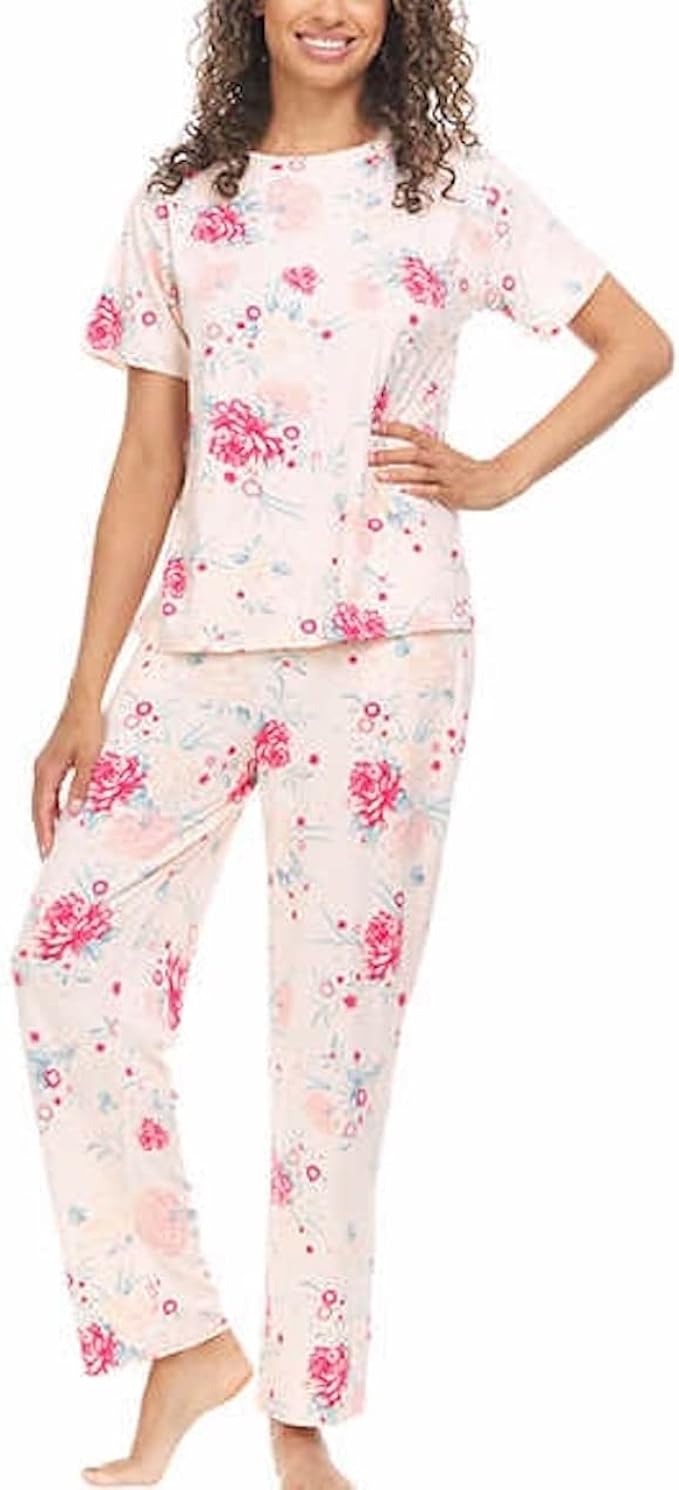 Flora Nikrooz Women's 2 Piece Super Soft Short Sleeve Shirt and Pant PJ Set (Pink, X-Large)