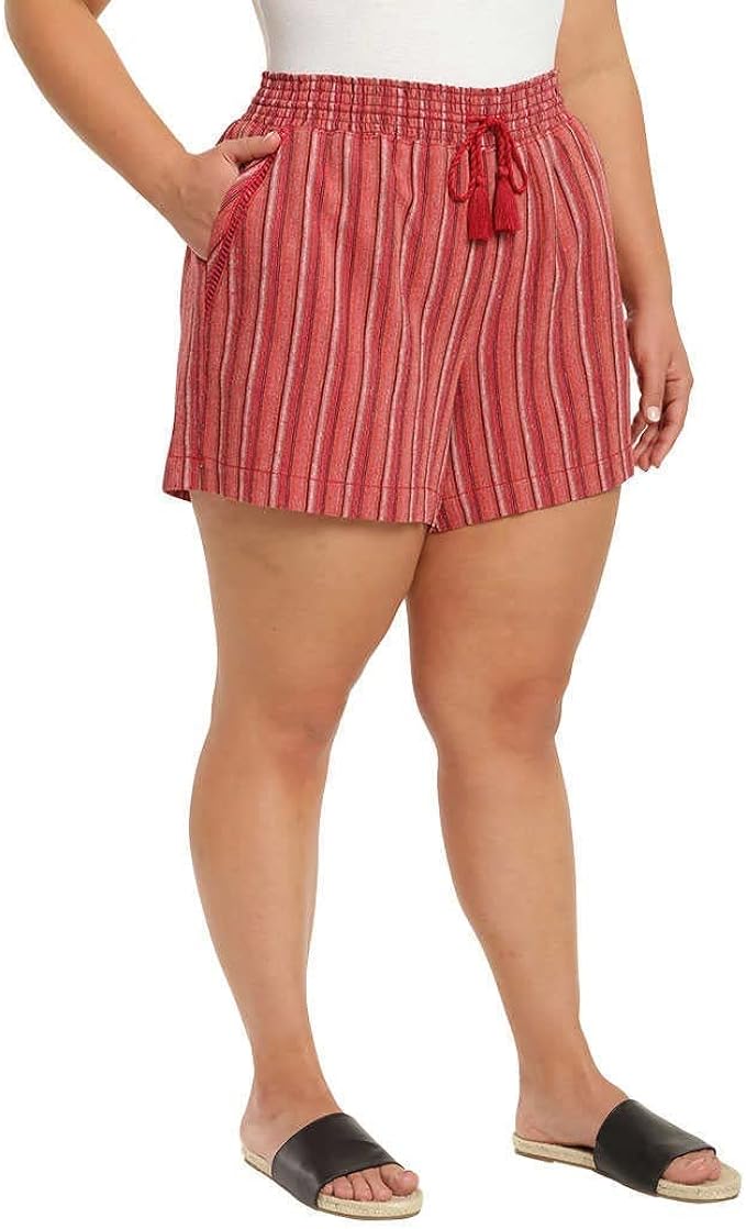 Briggs New York Women's Linen Blend Pull-On Shorts with Pockets and Drawstring (Red Stripe, XX-Large)