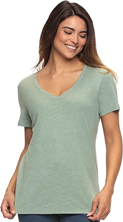 Felina Women's Short Sleeve V-Neck Slub Jersey T-Shirt (Lily Pad, Small)