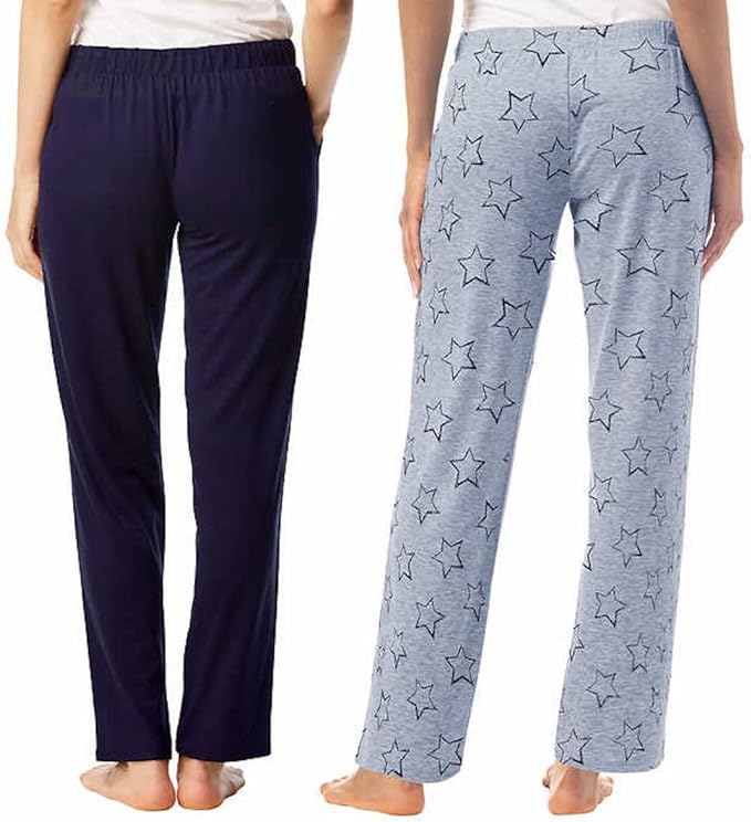 Lucky Brand Women's 2 Pack Straight Leg Lounge Pant with Drawstrings and Pockets (Stitched Stars/Navy, Large)