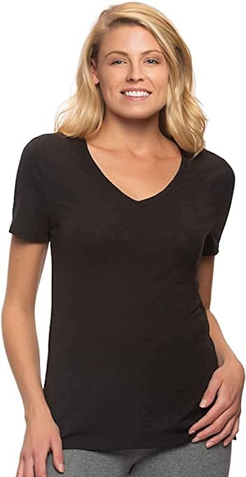 Felina Women's Short Sleeve V-Neck Slub Jersey T-Shirt (Black, Large)