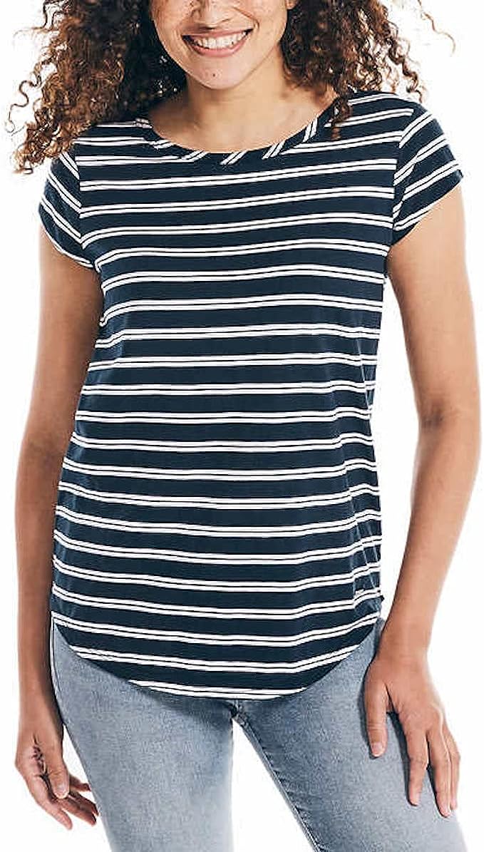 Nautica Women's Short Sleeve Slub Tee (Navy/White Stripe, X-Small)