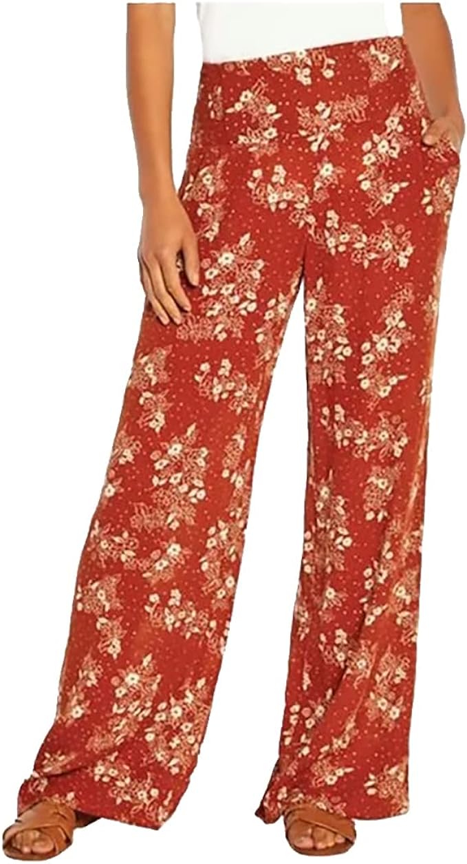 Three Dots Women's Printed Pant (Burnt Orange Floral Dot, Small)