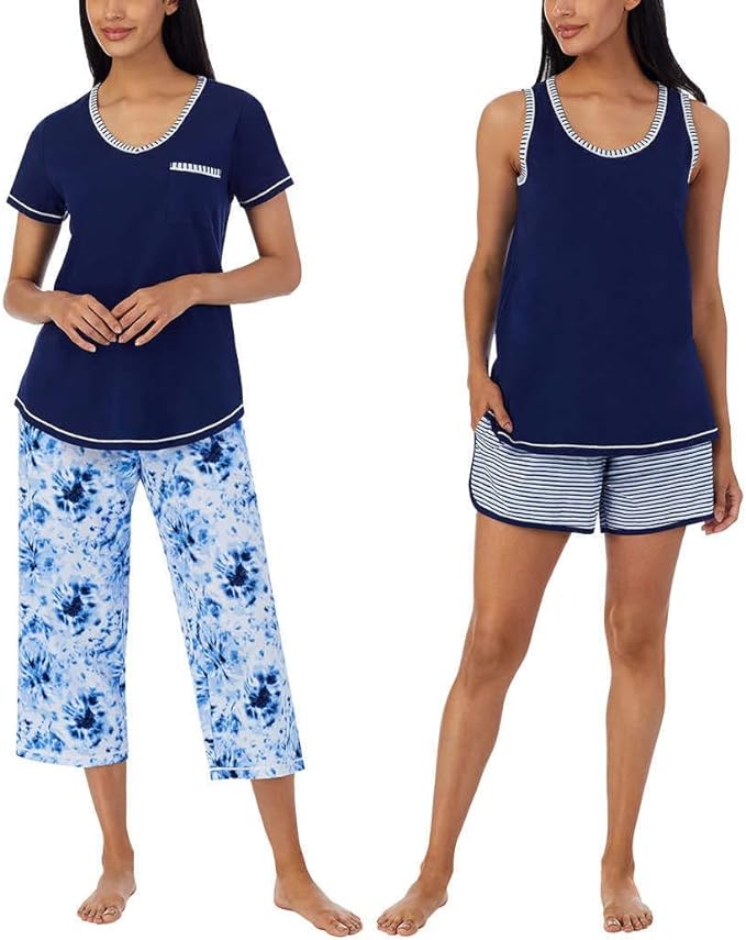 Carole Hochman Women's 4 Piece Pajama Set - Tank Top, Short Sleeve Top, Short, and Capri Pant (Small, Blue-tie Dye)