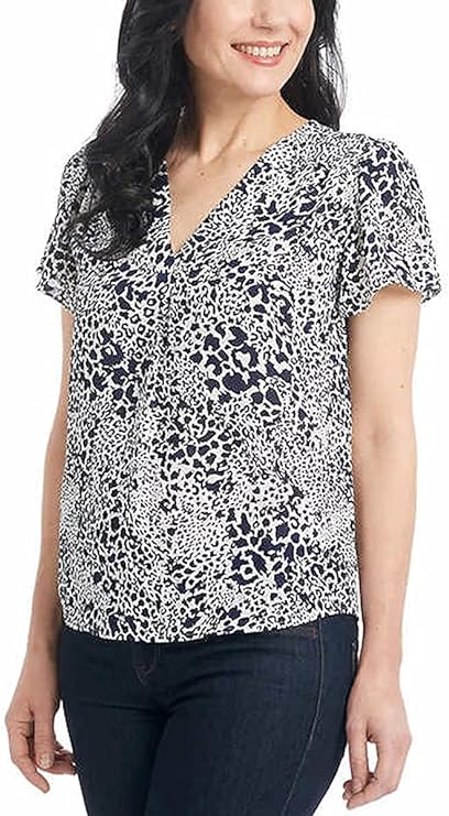 Hilary Radley Women's Short Sleeve Printed Blouse (Off-White/Navy, X-Small)