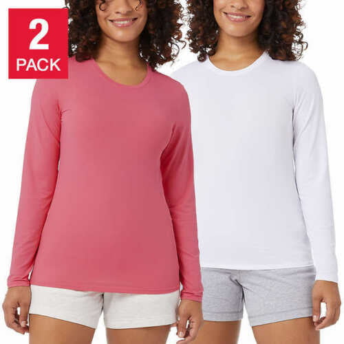 32 Degrees Cool Women's 2 Pack Air Mesh UPF 40 Long Sleeve Crew Neck Shirts (White/Almond Coral, Small)