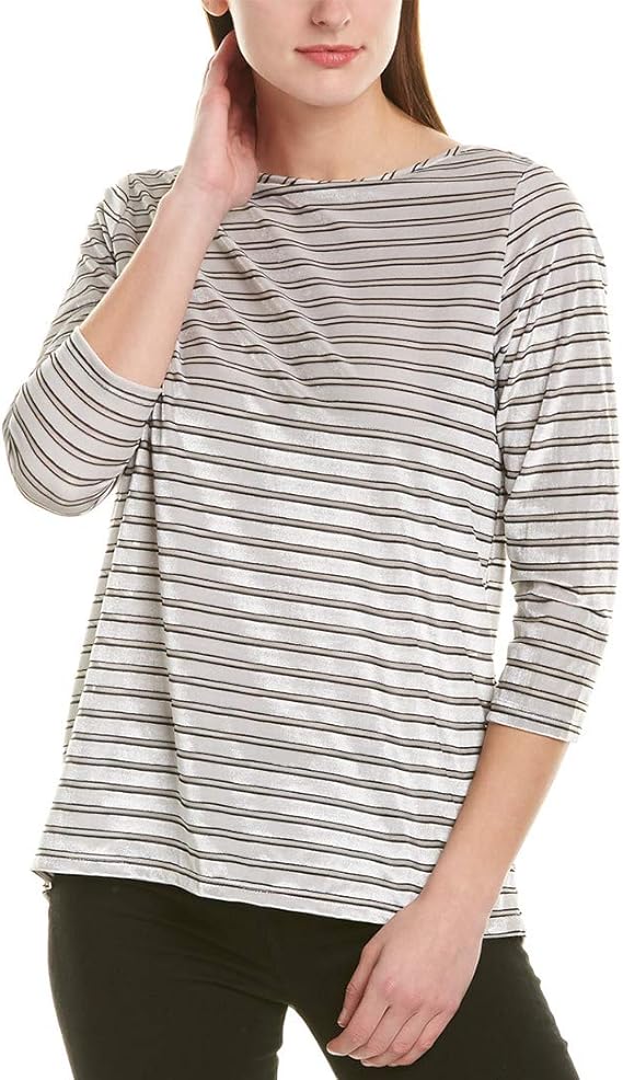 Jones NY Womens Velvet Striped Boat-neck Top (Silver, L)