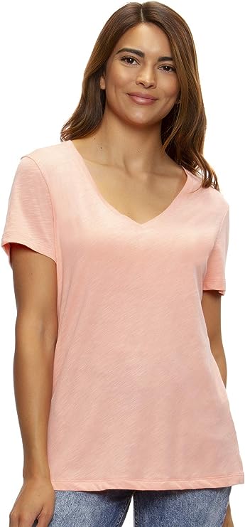 Felina Women's Slub Jersey V-Neck Tee  Short Sleeve T-Shirt (Candle Light Peach,XL)