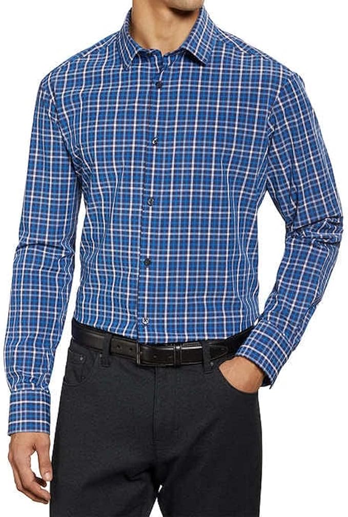 Kirkland Signature Mens Traditional Fit Dress Shirt ( Blue Plaid, 17-17.5x32/33)