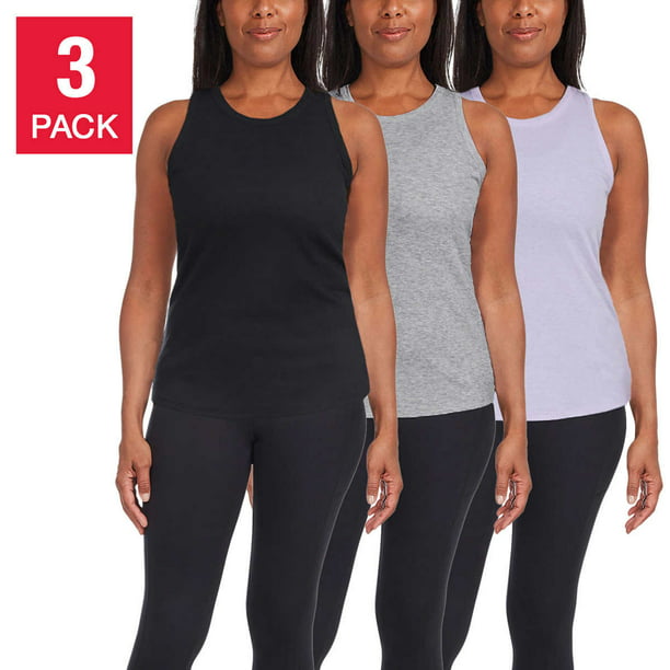 Danskin Ladies' 3-pack Rib Tank (Violet Mist/Lt Grey Heather/Deep Black, Small)