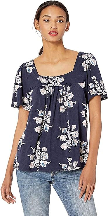 Lucky Brand Women's Square Neck Short Sleeve Top (Navy Multi, Large)