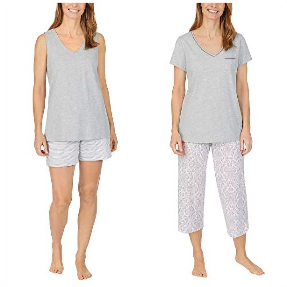 Carole Hochman Women's 4 Piece Pajama Set Tank Top Short Sleeve Top Short and Capri Pant