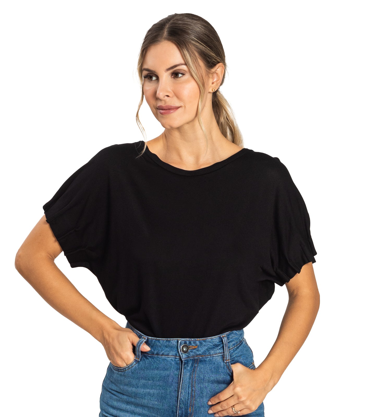 Rovitex Endless Collection Women's Cropped Bat Sleeves Blouse (Black, Large)