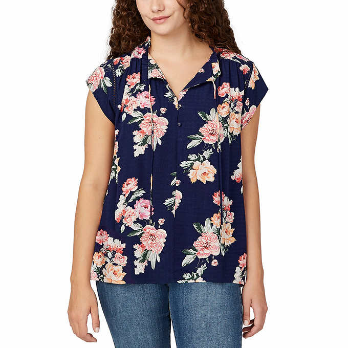 Buffalo David Bitton Women's Flutter Sleeve Floral Top Split Neckline Tie Closure (Navy Blossoms, Medium)