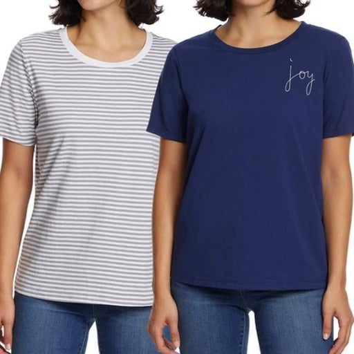 Ella Moss Women's Perfect Tee 2-pack (LT Grey/White Stripe & Mood Indigo Tee, Large)