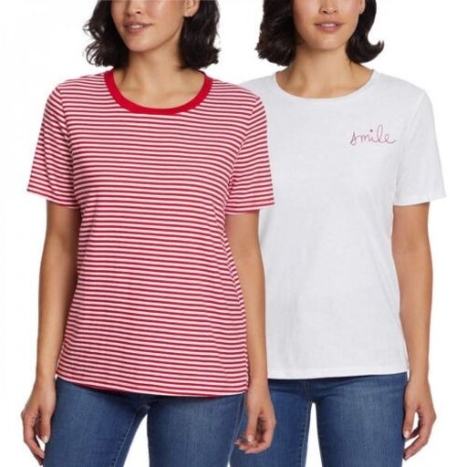 Ella Moss Women's Perfect Tee 2-pack (Red/White Stripe & White Tee, XX-Large)