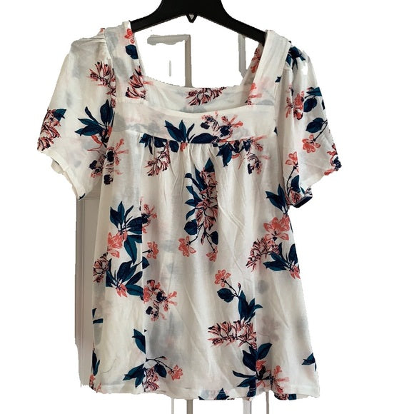 Lucky Brand Women's Square Neck Short Sleeve Top (Cream Floral,XS)