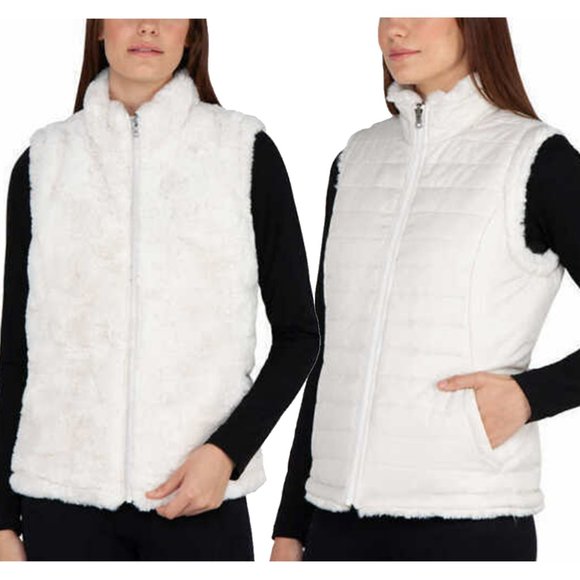 Nicole Miller Women's Vest Black Reversible Faux Fur (Ivory, L)