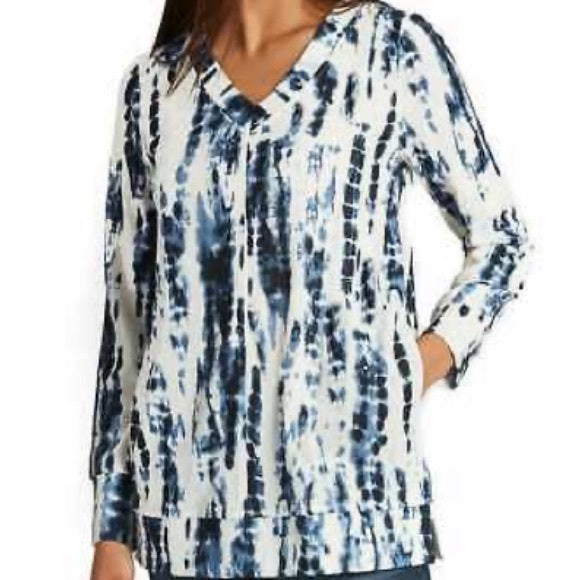 Ellen Tracy Women's V-Neck Tunic Blue & White Tie Dye (TIE DYE, Medium)