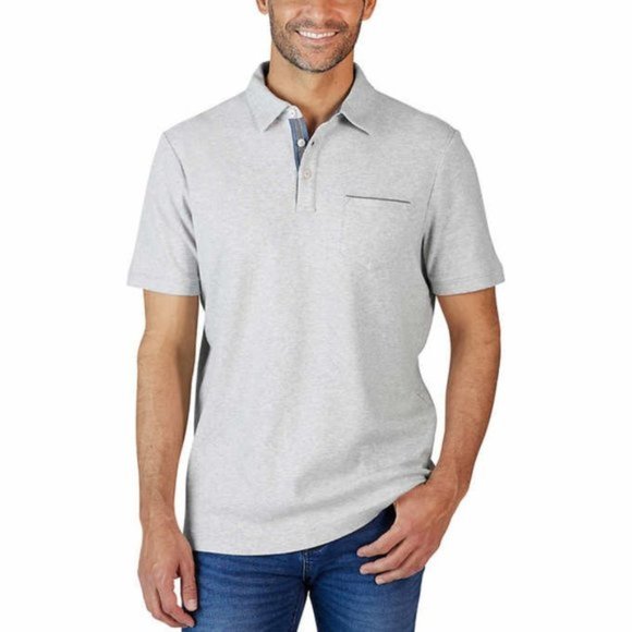 Tahari Mens Soft Knit Two Button Chambray Placket Polo (Light Grey Heather, XXL)