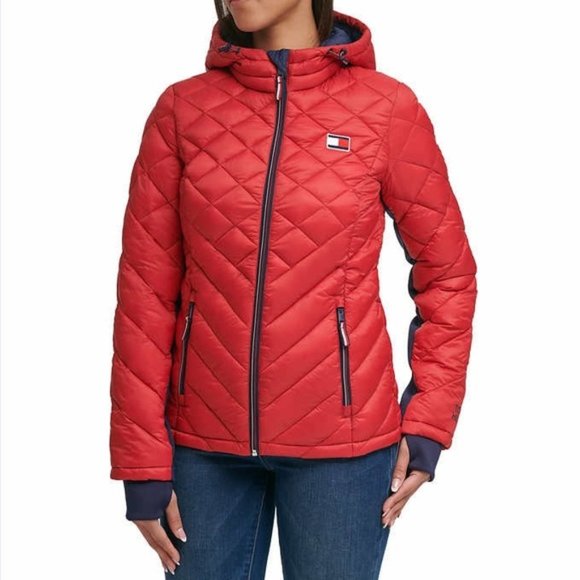 Tommy Hilfiger Womens Packable Hooded Puffer Jacket (Red, Large)