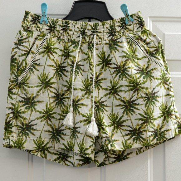 Briggs New York Women's Linen Blend Pull-On Shorts with Pockets and Drawstring (Green Palm Tree, XX-Large)