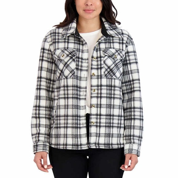 Sage Women's Long Sleeve Plaid Super Plush Sherpa Lined Fleece Shirt Jacket (White, Small)