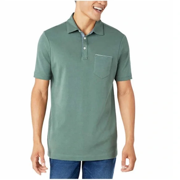 Tahari Men's Soft Knit Two Button Chambray Placket Polo Golf Shirt (Green, X-Large)