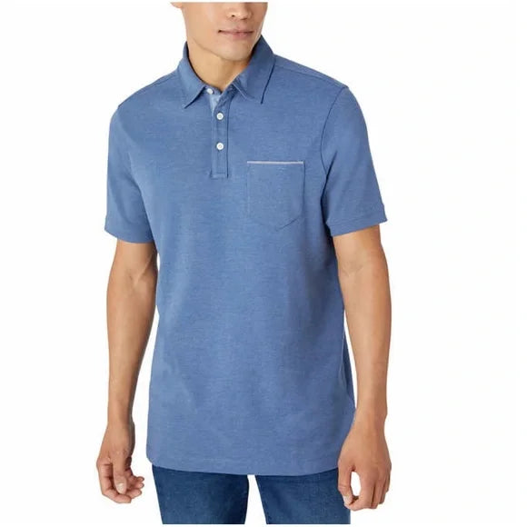 Tahari Men's Soft Knit Two Button Chambray Placket Polo Golf Shirt (Blue, X-Large)