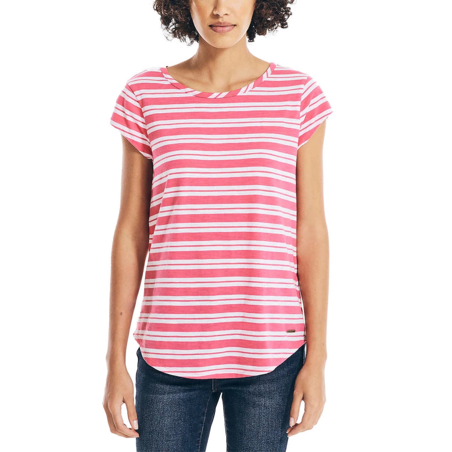 Nautica Women's Short Sleeve Slub Tee (Pink/White Stripe, Small)