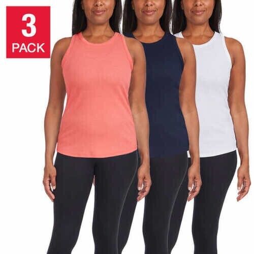 Danskin Ladies' 3-pack Rib Tank (Sugar Coral/ Bright White/ Dark Navy, X-Large)