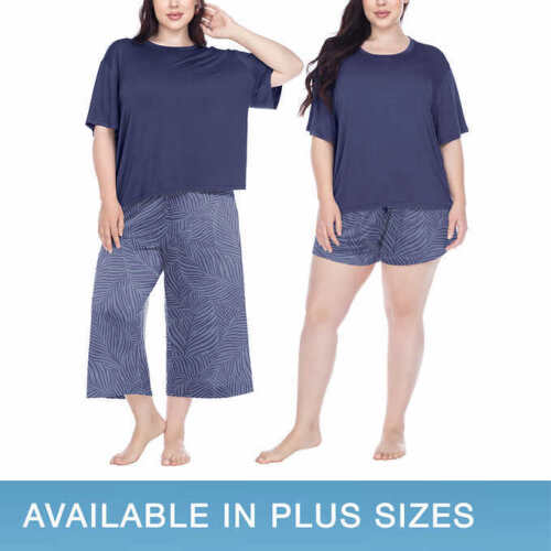 Honeydew Women's 3 Piece Super Soft Jersey Pajama Set (Navy Night Leaves, X-Large)