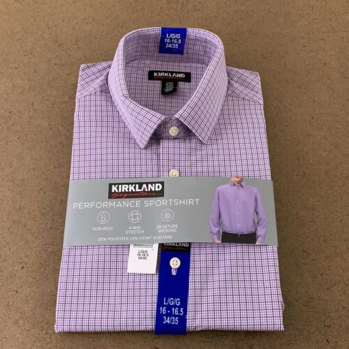 KirklandSignature MenÃ¢â‚¬â„¢s Traditional Fit Dress Shirt (Purple Check, L - 16-16.5x 34/35)