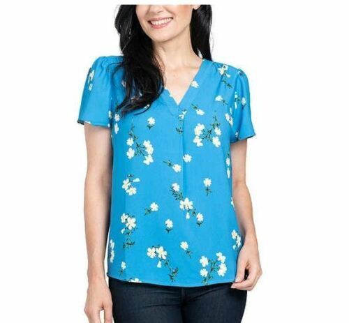 Hilary Radley Ladies' V-Neck Blouse (Blue/Off-White Floral, Small)