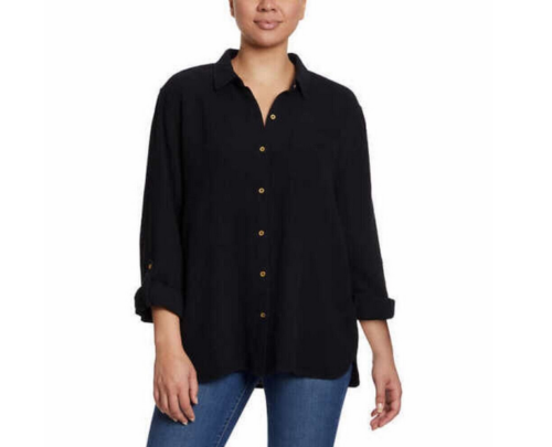 Anne Klein Women's Gauze Button Up Top (Black, Small)