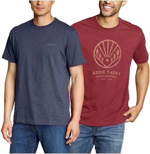 Eddie Bauer Men's 2 Pack Graphic and Crew T-Shirts (Red/Blue, Large)