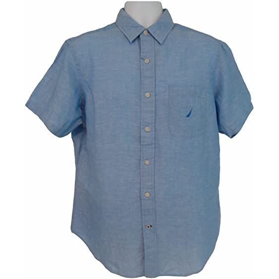 Stay cool and stylish with Nautica's Men's Linen & Cotton Blend Button-Down Short Sleeve Shirt - breathable and durable fabric in a versatile style.